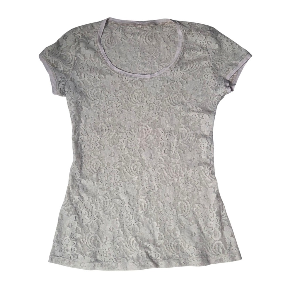 Megadose Cream Floral Lace Short Sleeve Scoop Neck Top Sheer Rose Pattern